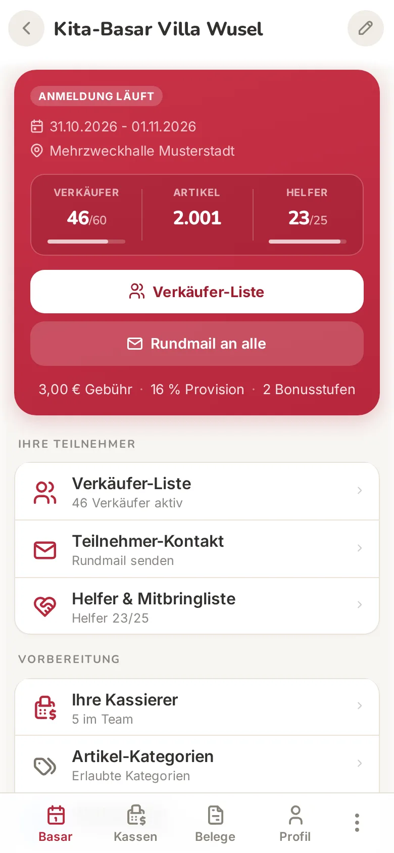basarlino-App, Basar-Übersicht: Von der Helferliste bis zum Werbeplakat