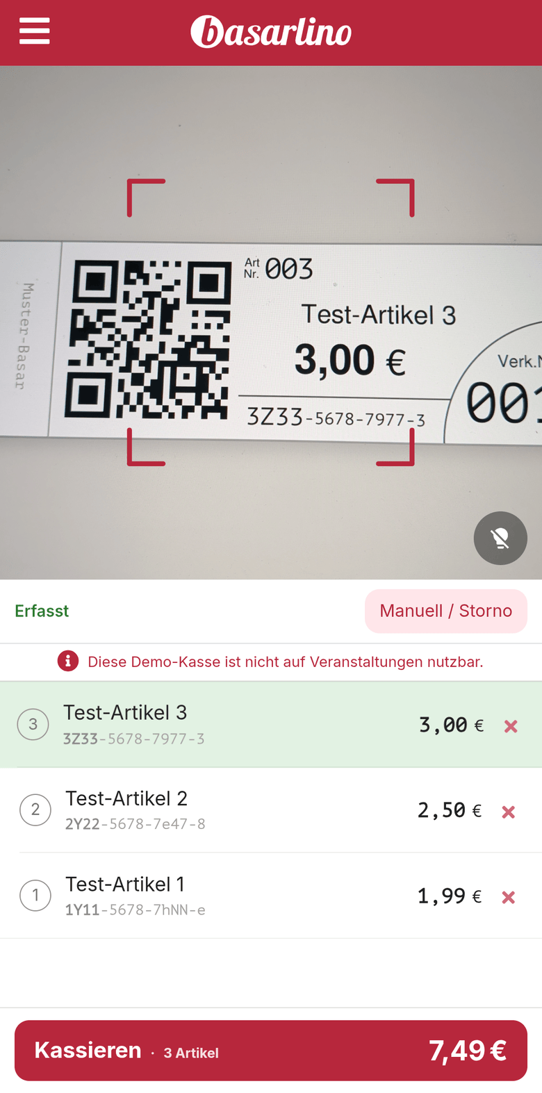 Erfasste Artikel in der Kasse