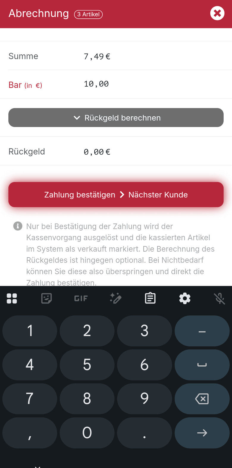 Abrechnung mit Summe und Eingabe des Bar-Betrags