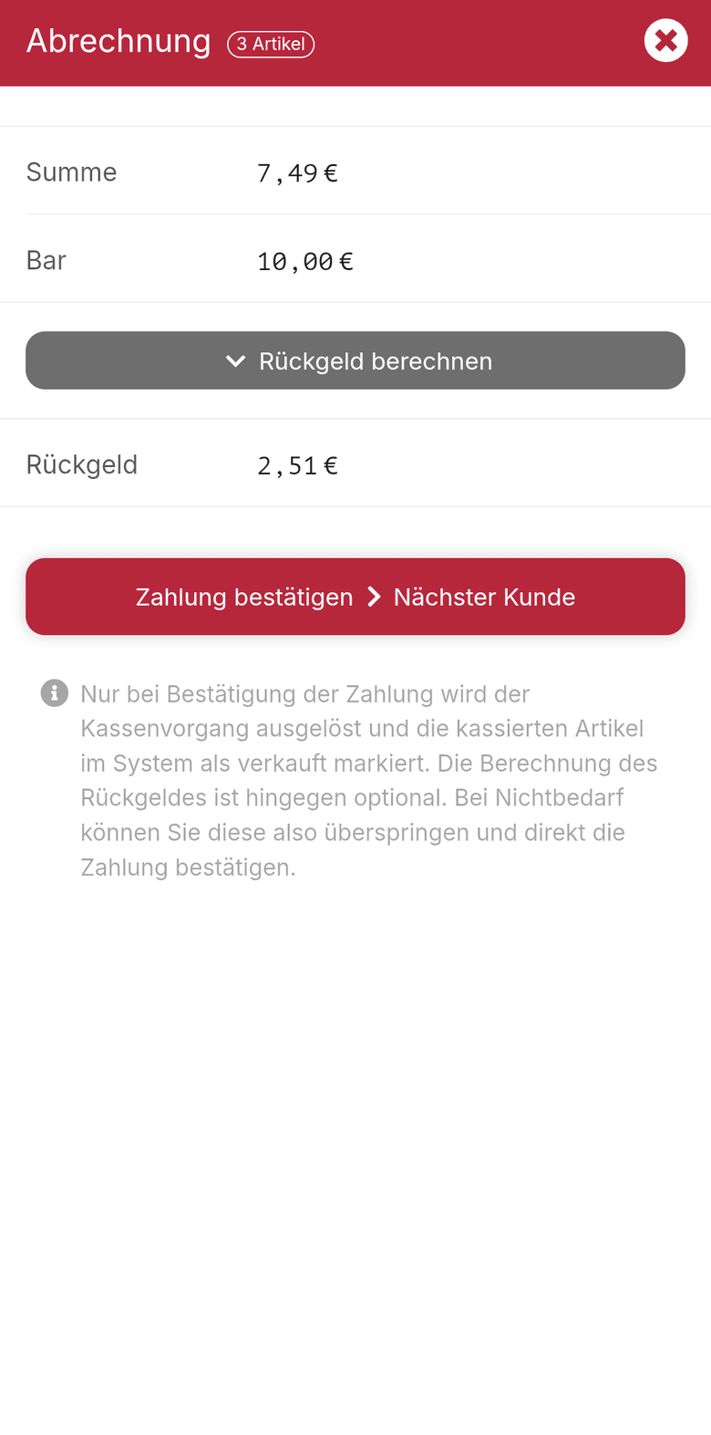 Berechnetes Rückgeld und Bestätigung
